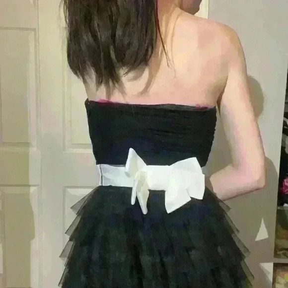 Vintage Betsey Johnson Black Strapless Corset Dress Tulle Ruffle Mesh Bow Size 0 - Picture 7 of 15